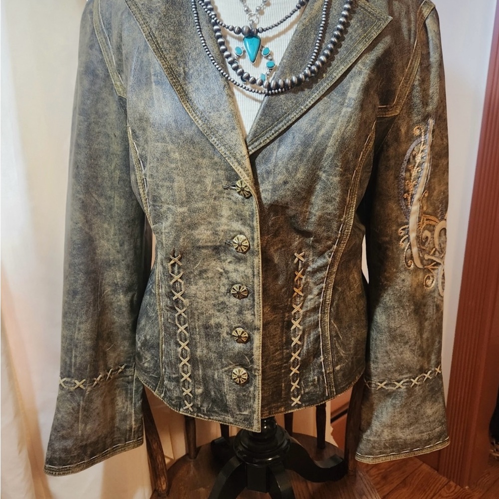 Double D Ranch Leather Jacket with Blue and Gold Embroidery Rtl $995 S VGUC